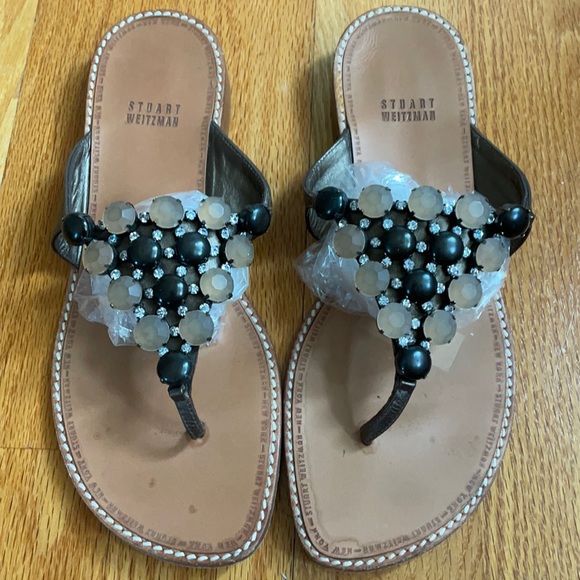 STUART WEITZMAN flat rhinestone jewels sandal brass leather thong slip on EUC - Picture 3 of 16
